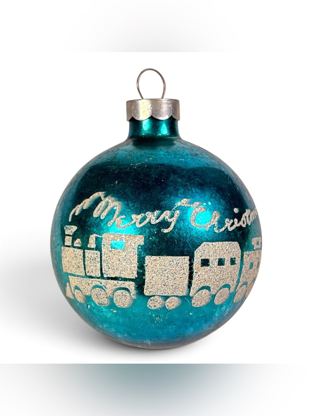 VTG 2.5" Blue Mercury Glass Stenciled Christmas Ornament Train Merry Christmas